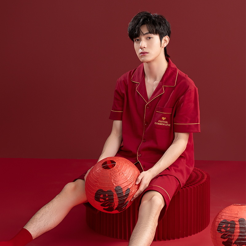 Pijamas de boda para recién casados 2025 para hombre, conjunto de verano de algodón puro de manga corta y pantalones cortos, holgado, rojo brillante, para el hogar, con diseño del año del zodiaco