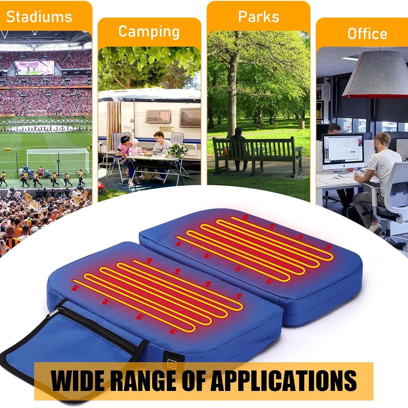 Portátil climatizada cojín de asiento plegable con 3 niveles de calefacción al aire libre camping Estadio impermeable cojín asiento