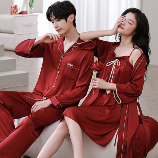 Couple's Pajamas Spring and Summer Ice Silk Long Sleeve Red suit Morning Robe Slip Skirt Men and Women's Wedding Home Clothes Red
