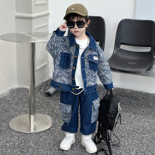 Boys' Fall Denim Set 2024 Spring and Autumn New Stylish Boy Cardigan Two-Piece Set for Boys Outerwear