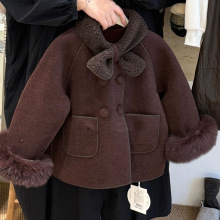 女童外套冬季2025新款儿童双面呢狐狸毛呢大衣女孩保暖双排扣衣服