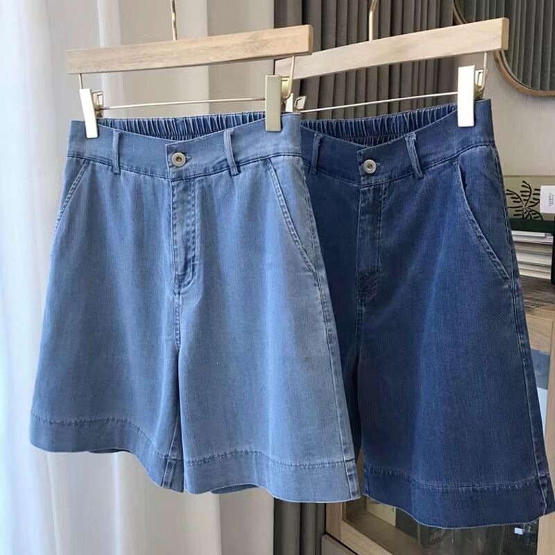 Plus-Size Pear-Shaped Body Tencel Denim Shorts for Women, Summer Thin Loose Fit, Slimming High-Waisted Straight Wide-Leg Five-Point Pants
