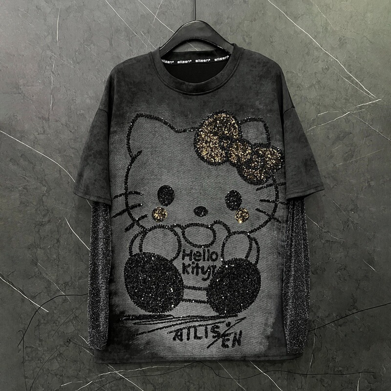 831 # 150kg Women's Spring and Autumn Hello Kitty Sequin Fake Two-Piece Long Sleeve Pullover T-Shirt 831 # 150kg Women's Spring and Autumn Hello Kitty Sequin Fake Two-Piece Long Sleeve Pullover T-Shirt