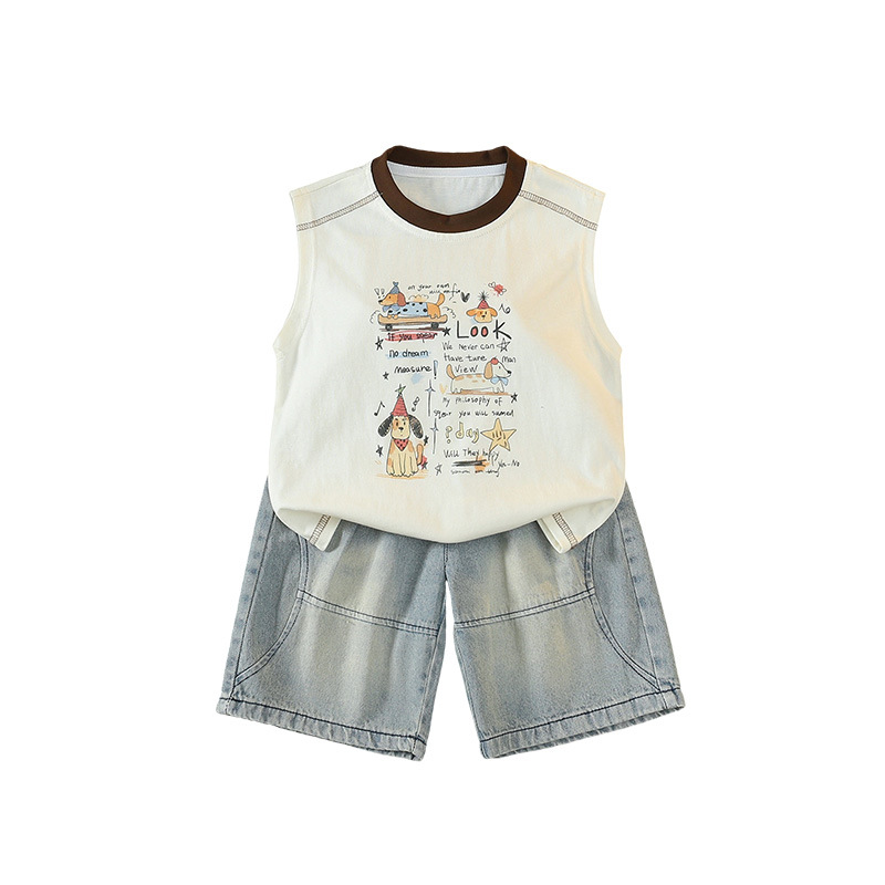 7396 traje de chaleco para niños verano 2025 nuevo vestido de verano sin mangas para niños fresco y guapo bebé delgado de dos piezas de verano