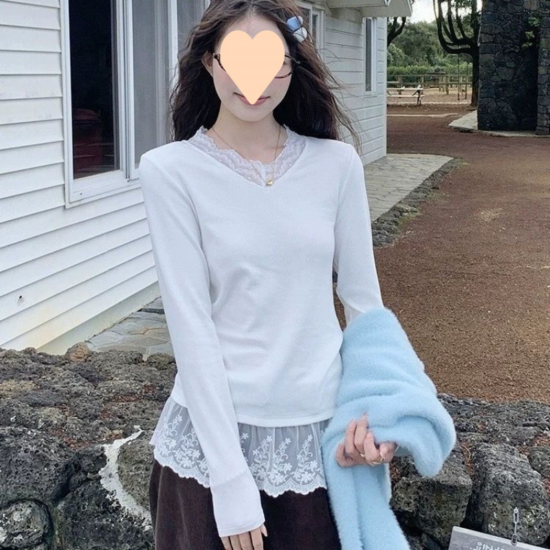 蕾丝打底衫女韩版新款小个子内搭高级感秋冬长袖气质白色上衣|undefined