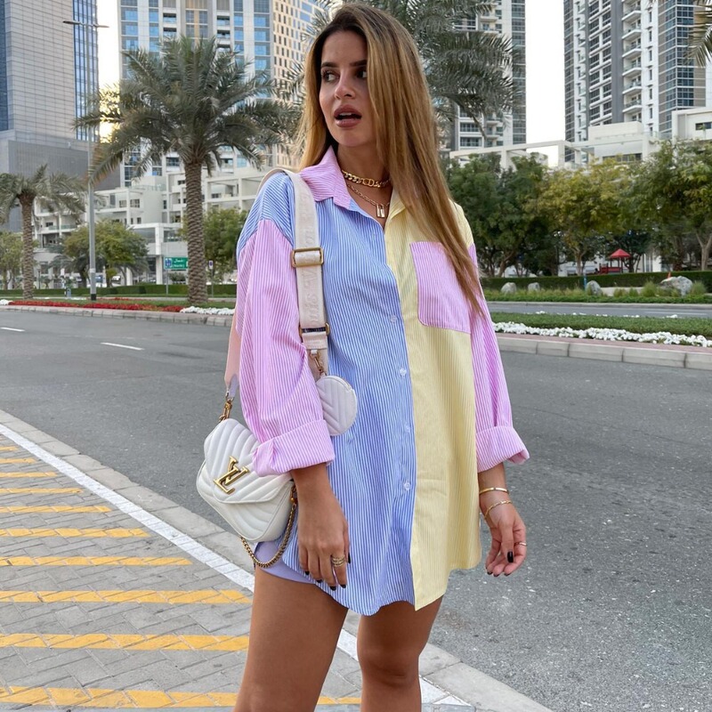 2021 Aliexpress Ebay European and American Popular Autum Three-Color Splicing Color-Blocked Long-Sleeved Loose Women's Shirt Top