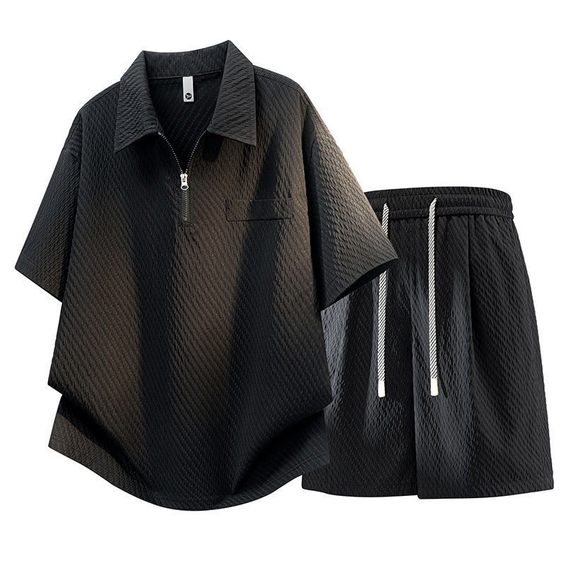 Summer Short-Sleeved Shorts Casual Suit for Men, Textured Trendy Brand Loose Half-Sleeved Lapel Large Size Cross-Border Two-Piece Set Summer Short-Sleeved Shorts Casual Suit for Men, Textured Trendy Brand Loose Half-Sleeved Lapel Large Size Cross-Border Two-Piece Set
