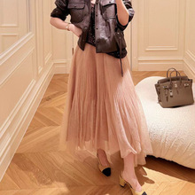 现货粉色仙仙松紧腰百褶裙女秋新款遮胯荷叶下摆中长款半身裙