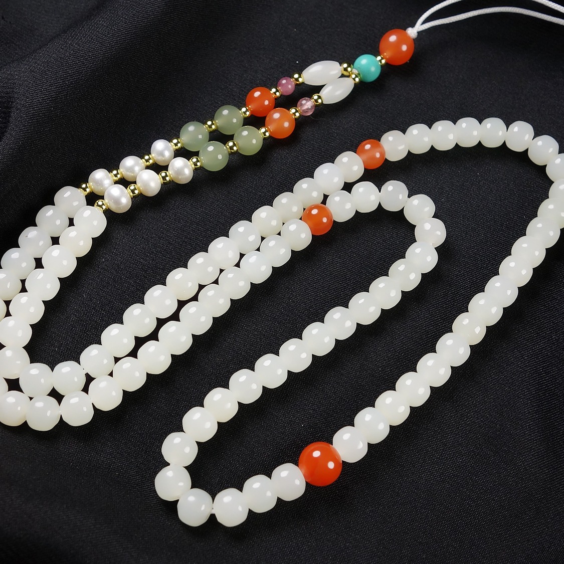 原创天然新疆和田玉珠链挂绳批发白玉老型珠项链绳挂链珍珠南红珠