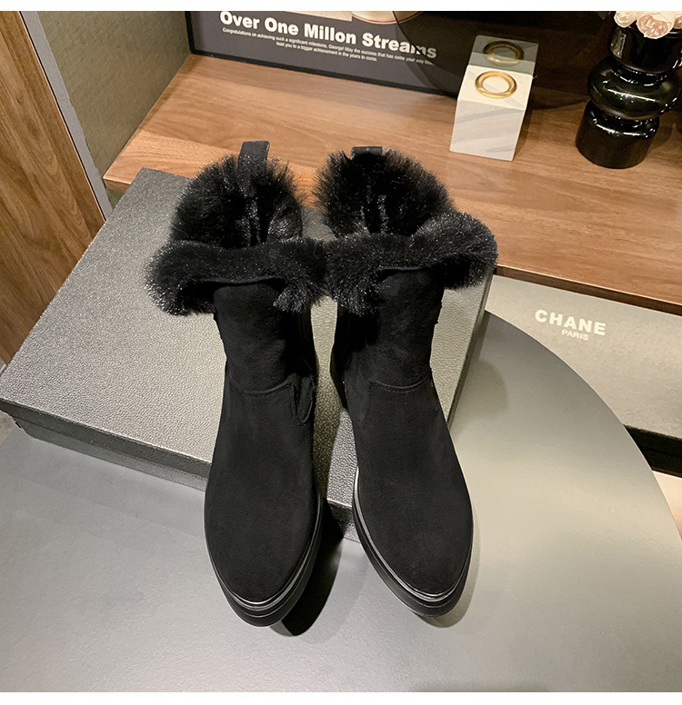 Boot nữ cổ cao lót lông cừu ấm áp, đế bệt gót nhọn, khóa thắt lưng — màu đen chi tiết 17