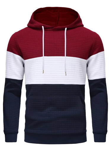 Cross-border Amazon New European and American Style Men's Color-Block Plaid Hoodie Long-Sleeved Hooded Sweatshirt Casual Sportswear Top for Men