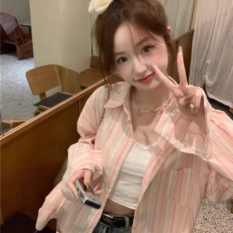 Niche Design Sense Striped Polo Collar Long-sleeved Shirt Jacket Women's Autumn Thin Loose Sun Protection Cardigan Top for Women Niche Design Sense Striped Polo Collar Long-sleeved Shirt Jacket Women's Autumn Thin Loose Sun Protection Cardigan Top for Women