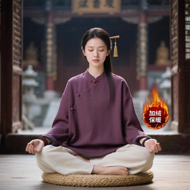 居士服女款秋冬加绒加厚棉麻上衣外套禅意佛系素衣套装打坐禅修服|undefined