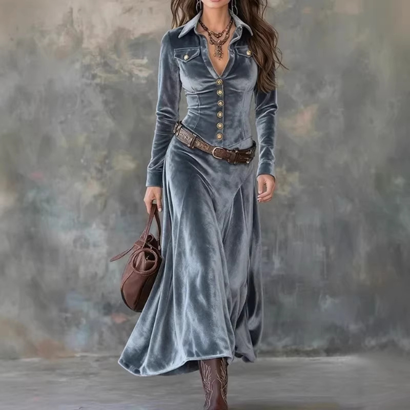 2026 European and American Cross-Border Aliexpress Amazon New Style Western Bohemian Style Velvet Belt Dress 2026 European and American Cross-Border Aliexpress Amazon New Style Western Bohemian Style Velvet Belt Dress