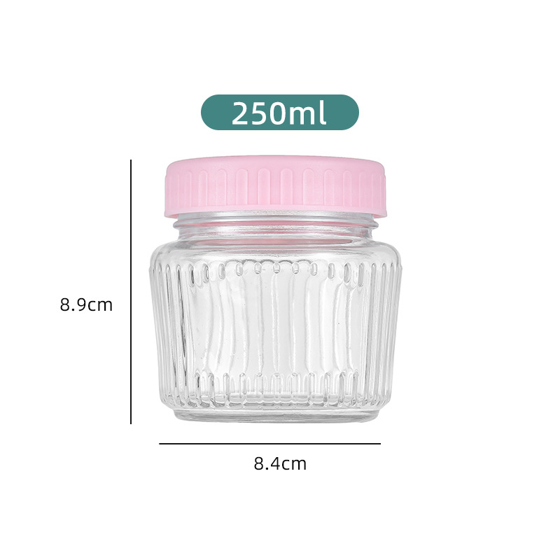 핑크 플라스틱 뚜껑이있는 250ml 유리 항아리; 투명