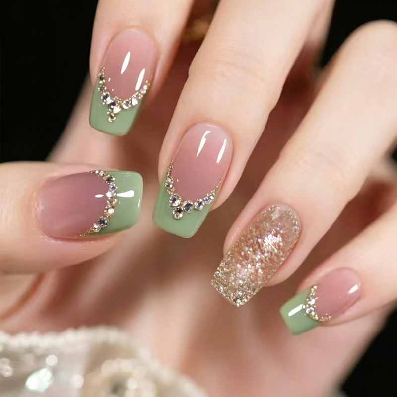 Shimmering Mint Green French Style Rhinestone Fresh Sweet Blush Girl Fashion European and American Style Detachable Wearable Nails 24 Pieces Shimmering Mint Green French Style Rhinestone Fresh Sweet Blush Girl Fashion European and American Style Detachable Wearable Nails 24 Pieces
