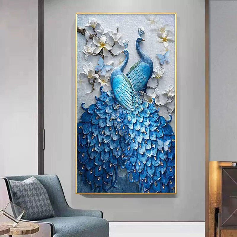 入户客厅玄关装饰画现代简约竖版背景墙壁画走廊过道挂画孔雀晶瓷