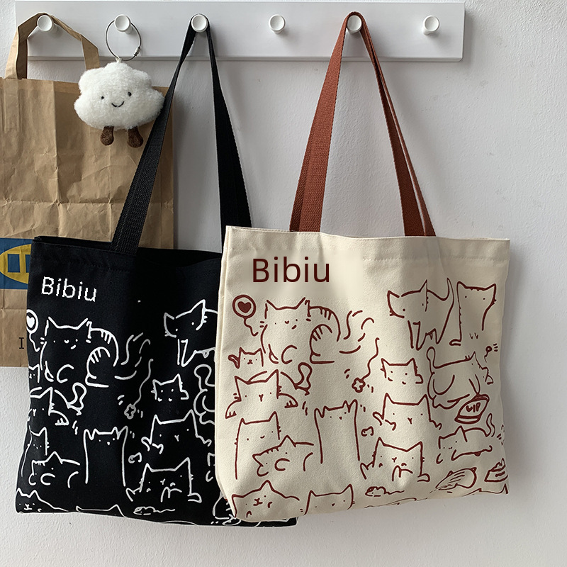 2024 Art Design Cute Animal Hand-painted Illustration Shoulder Bag School Bag Artistic Retro Large Capacity Canvas Bag Women_voghion.com