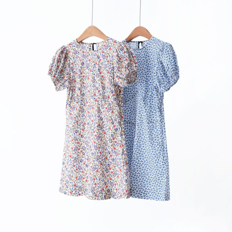 Sweet Garden |   26 Spring and Summer New Products 100 High-Count Cotton French Retro Floral Round Neck Puff Sleeve Dress for Women