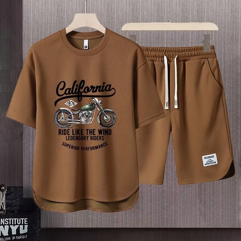 Men's Clothing 2024 Waffle Casual Summer Suit Men's Loose Teen Short sleeved T shirt Shorts Handsome Two piece Suit_desvips.com