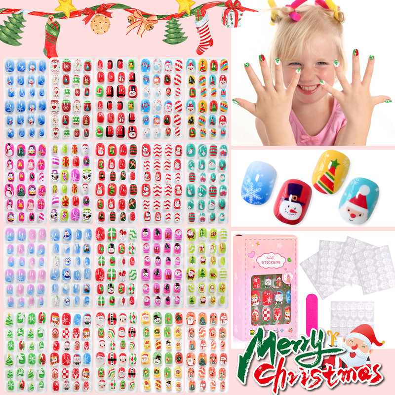 120 Pieces/Box Christmas Kidsren's Wearable Nails Cat Cartoon Strawberry Heart Removable Girl Nail Sticker Decoration
