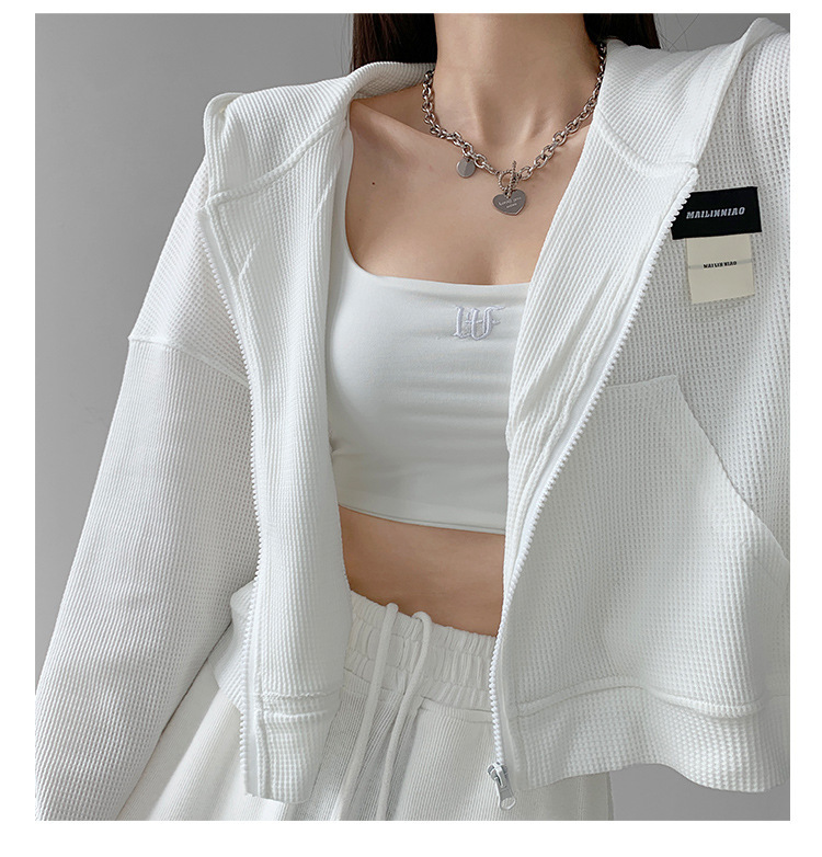Autumn Loose Hooded Short Zipper Sweater Women's 2022 Sports Jacket Solid Color Label Top Korean Style ins Trendy