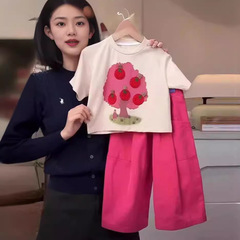 女童套裝夏季新款韓國洋氣寬鬆短袖T恤休閒洋氣闊腿褲兩件套潮流