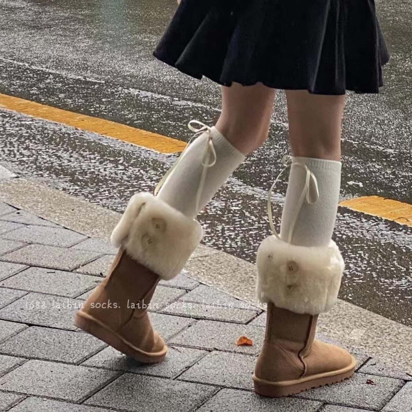 韓國後跟長飄帶蝴蝶結壓力小腿襪一體無骨搭配靴子絕美綁帶及膝襪
