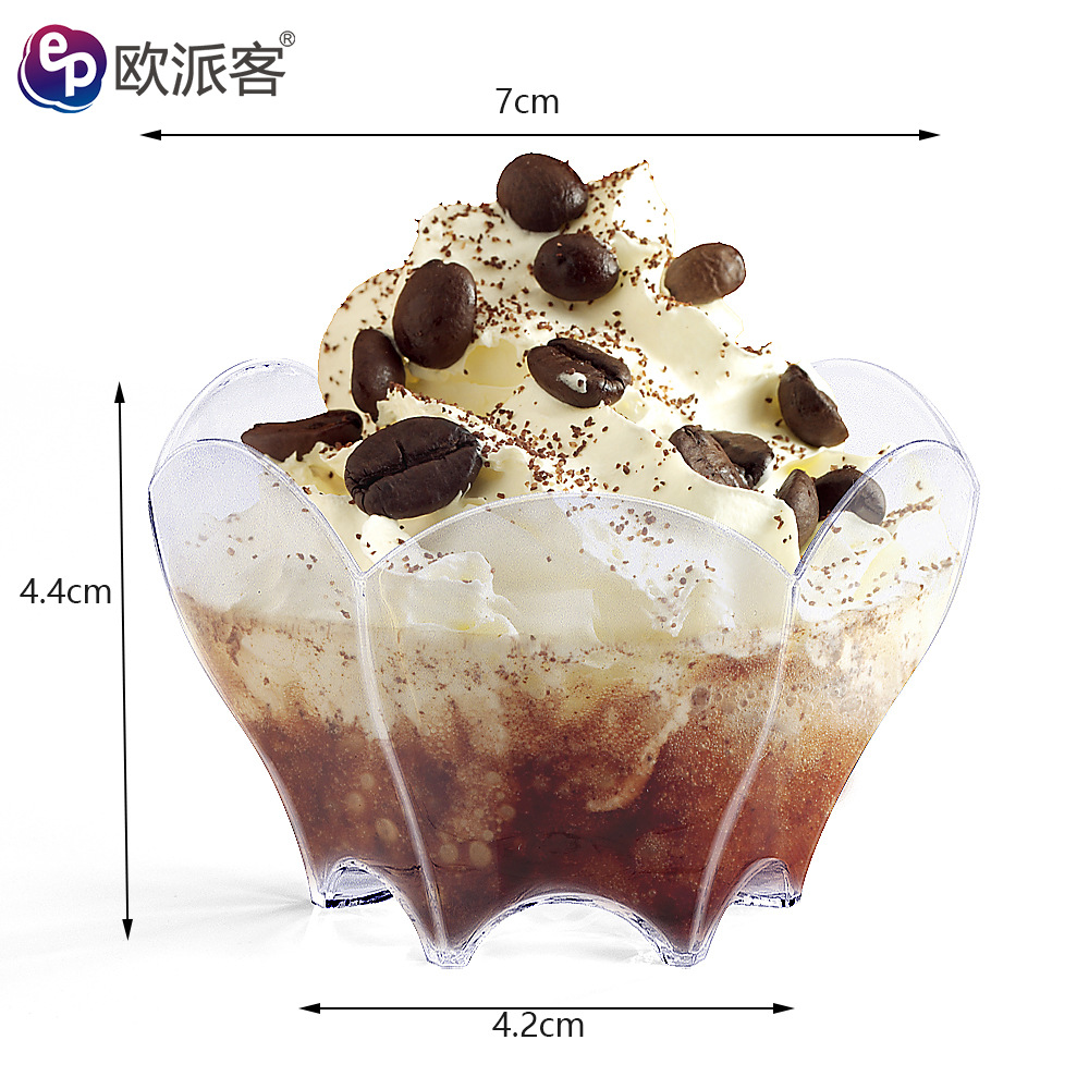 Copa de mousse desechable Taza de postre PS Taza de plástico Taza de pudín Taza redonda de punto de fábrica Taza cuadrada
