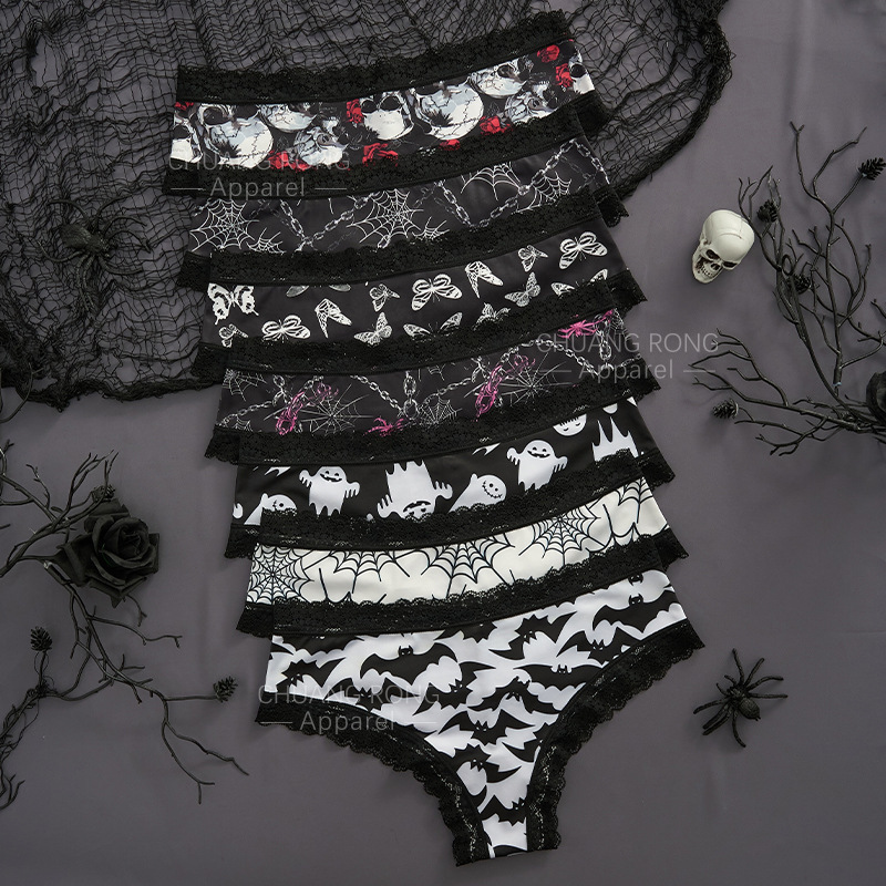 Cross-Border Halloween Underwear for Women, Lace-Edged Dark Gothic Style Skull Design, Personalized, Comfortable, Breathable Briefs