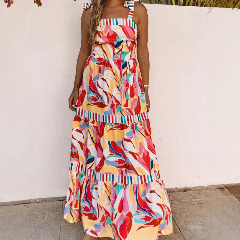 European and American style abstract print striped trim ultra-long tank dress for women, ruched patchwork suspender dress for women