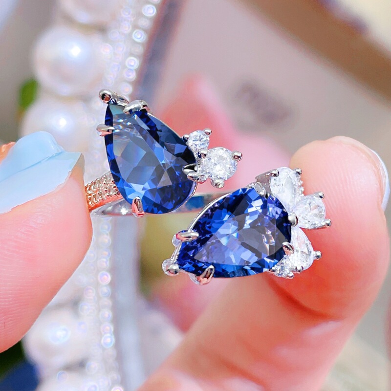 Light Luxury Elegant Online Double Diamond Tan San Blue Water Drop Pear Ring Simulation Sapphire Color Treasure Open Ring for Women