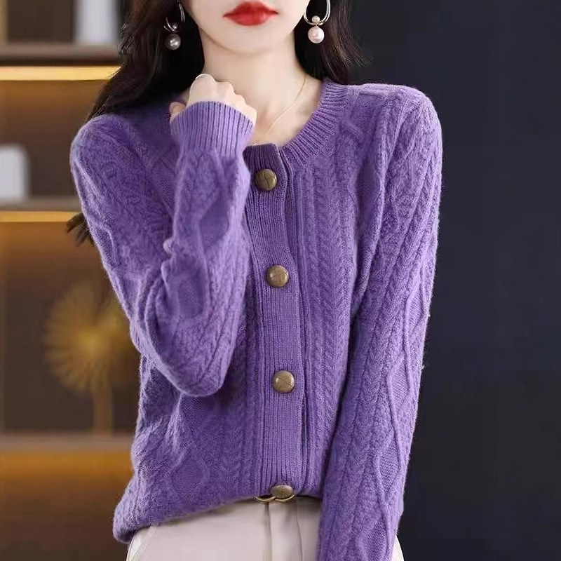 Heavyweight Thick 100% Pure Wool Cardigan for Women, Autumn and Winter Diamond Pattern Outerwear, Inner Wear, Round Neck Knit Sweater Jacket