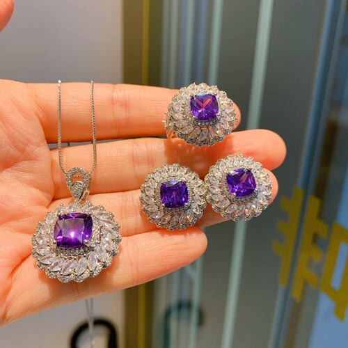 Zhuang Shengsheng Jewelry European and American Retro Imitation Dove Purple Blue Zircon Square Luxury Inlaid Pendant Earring Ring Jewelry Set 