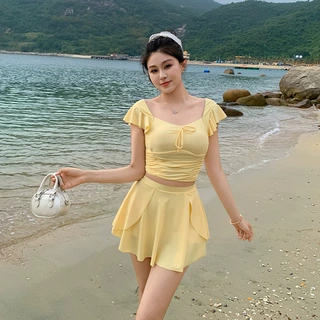 黄色分体泳衣女2025新款高级感分体裙式显瘦泳装度假泳衣小胸泳衣