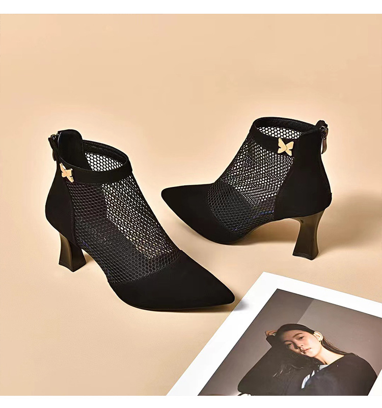 Boot lưới cao gót mũi nhọn nữ da thật gót thô cổ thấp hở gót — Màu đen Cashmere chi tiết 12