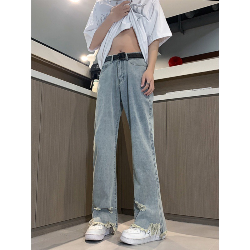 Jeans micro svasati neri puri con fori sui bordi sfrangiati, pantaloni americani high street aderenti e allungati, rossi da uomo e_voghion.com