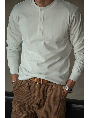 American Retro Heavyweight Henley Shirt Slim Cotton T-Shirt Men Long Sleeve Loose Base Shirt Khaki Tough Guy Men Autumn Summer