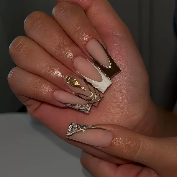Cross-Border Hot-Selling Square Fake Nails French White Edge Smudged Sparkling Prismatic Rhinestone Wearable Nails Finished Products Wholesale