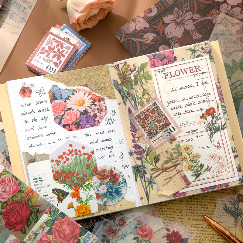 Serie de impresión natural retro cálida caja de regalo de cuentas de mano en flores románticas Inglés material de pegatinas conjunto transfronterizo image 5