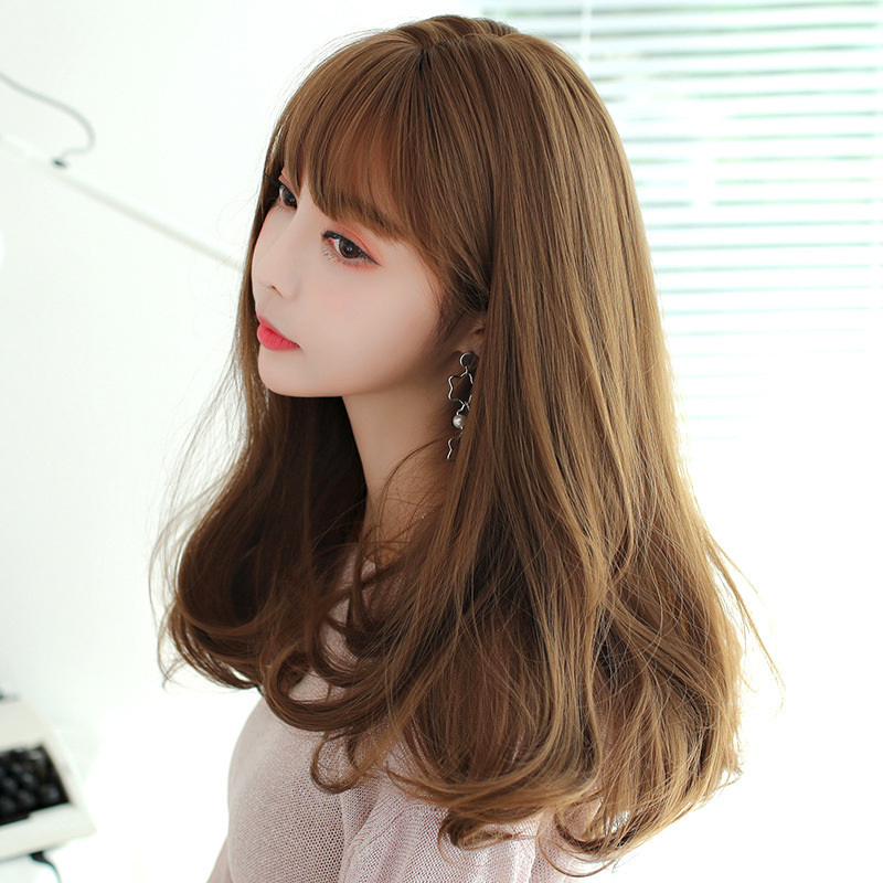 Ou Shuo Internet Celebrity Wig Long Curly Hair Natural Fluffy Realistic Female Long Hair Face-Shaping Medium-Long Hair Full Head Wig with Bangs