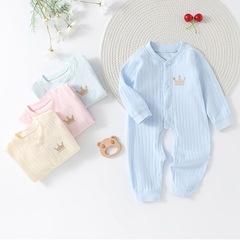 嬰童服裝春季嬰兒全棉連體衣A類無骨男女寶寶長袖哈衣開檔