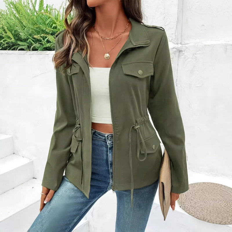 In-Stock Women's Army Green Military-Style Jacket, Casual Windproof Coat with Drawstring Waist, Front Zipper, Long Sleeves In-Stock Women's Army Green Military-Style Jacket, Casual Windproof Coat with Drawstring Waist, Front Zipper, Long Sleeves
