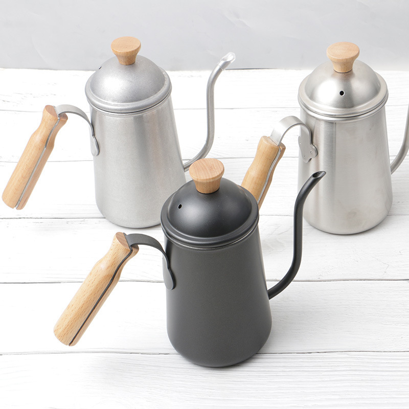 304 stainless steel coffee pot with wooden handle, thickened, for hand brewing, with a narrow spout and long handle, vintage wooden handle with flow control
