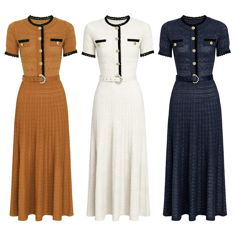 26197 High-Quality In-Stock Summer New Model Celebrity Influencer Slim-Fit Waist-Cinching Short-Sleeve Long Dress for Women