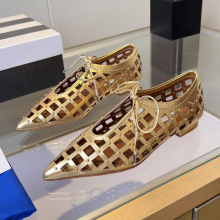 夏季新款欧美时尚镂空洞洞凉鞋铆钉尖头低帮单鞋真皮系带平底女鞋