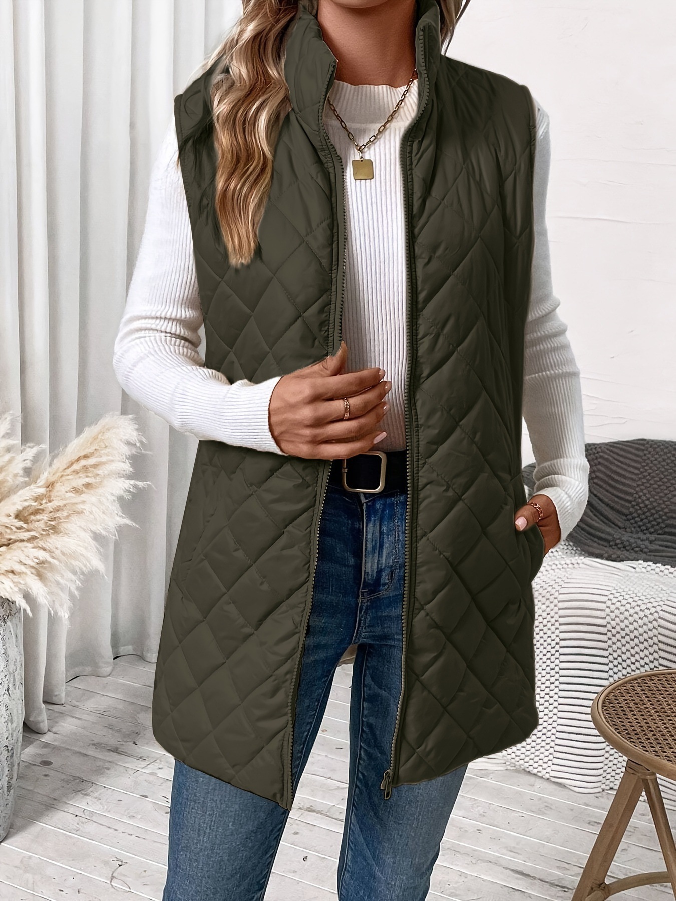 Turndown Neckline Slim Fit Type Women's Casual Solid Color Zipper Coat Cotton Clothes Vest