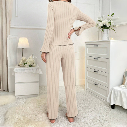 Cross-border women's autumn/winter pajamas for Europe and the U.S.—fashionable, sexy, long-sleeved top with a lapel collar and bow tie, paired with long pants—women's loungewear set.