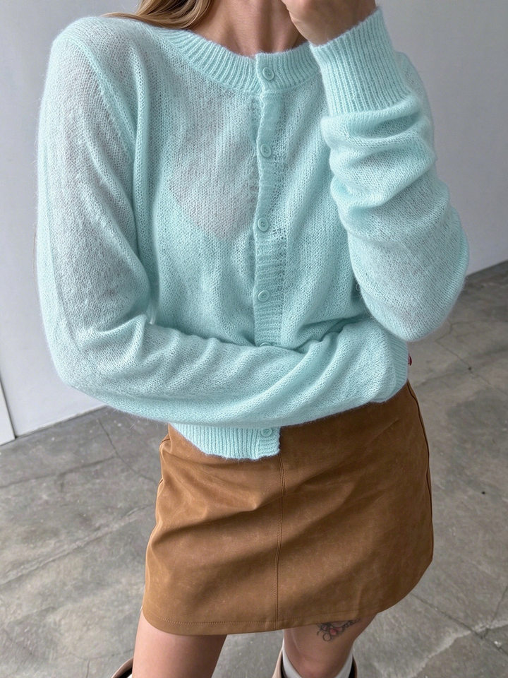 Áo cardigan len nữ dệt kim mỏng cổ tròn dáng rộng phối nút — Vàng nhạt, màu hồng, màu nâu, trắng chi tiết 12