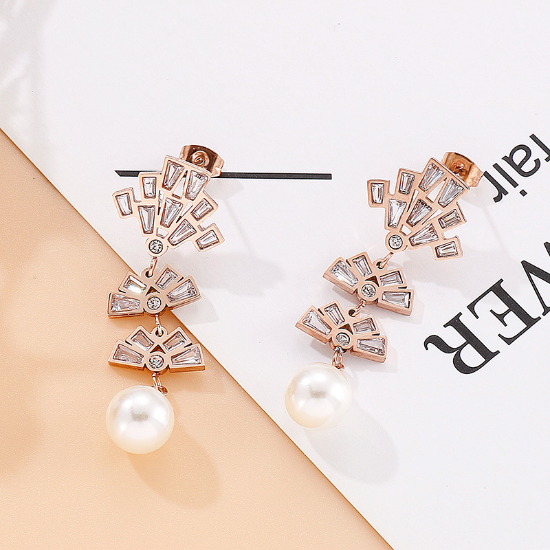 304 Stainless Steel Ear Needle Material 18K Real Gold Plated Plating Material Fashion Geometric Titanium Steel Earrings Inlay Artificial Pearls Zircon Stainless Steel Earrings